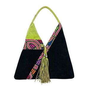 Tezari Triangle Shoulder Handbag Art Deco Tribal Color-Block Black Leather Purse